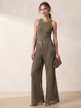 Le Lis Olive Green Open-Knit Fishnet Wide-Leg Pants Lined Size Large